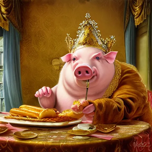 Image similar to pig wearing gold crown eating hot dog, Realistic, Regal, Refined, Detailed Digital Art, Michael Cheval, Walt Disney (1937), François Boucher, Oil Painting, Steampunk, Highly Detailed, Cinematic Lighting, Unreal Engine, 8k