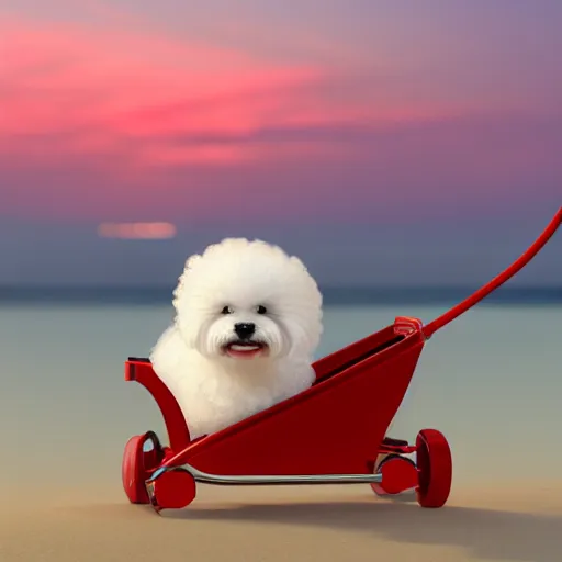 Image similar to a photorealistic photograph of a smiling white Bichon Frisé puppy pulling a little red wagon full to the brim with french fries during sunset at the beach Trending on Artstation, featured on Behance, well-rendered, Unreal Engine, 4K HD