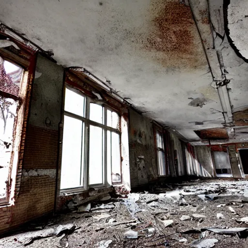 Image similar to a powdery fungal phantasm in an abandoned building