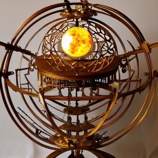 Image similar to a well - lit photo of an intricate steel filigree art nouveau orrery on a wooden table, beautiful, detailed, flowing curves, with colored marble planets and a golden sun