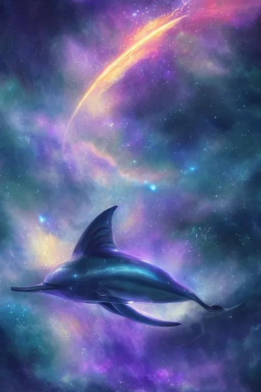 Image similar to Ethereal blue fire dolphin flying through a nebula, Sirius star system, star dust, cosmic, magical, shiny, glow,cosmos, galaxies, stars, outer space, stunning, by andreas rocha and john howe, and Martin Johnson Heade, featured on artstation, featured on behance, golden ratio, ultrawide angle, hyper detailed, photorealistic, epic composition, wide angle, f32, well composed, UE5, 8k