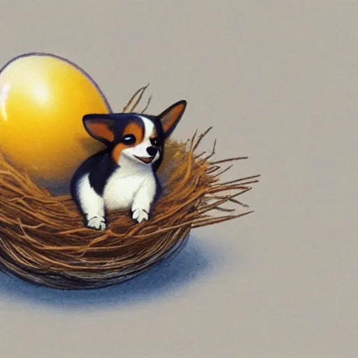 Image similar to concept art of a baby corgi hatching from an egg in a colorful nest, realistic, detailed, cel shaded, in the style of makoto shinkai and greg rutkowski and james gurney