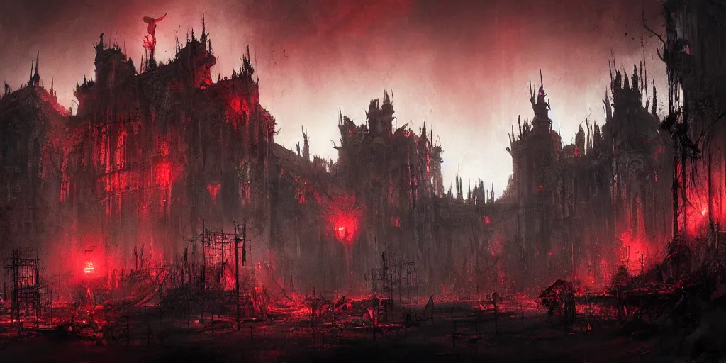 Image similar to grimdark chaos fortress, ruined, terrifying architecture, looming, dark, fog, atmospheric red lighting, flying chaos creatures, dark souls, hyperrealistic, art by sparth