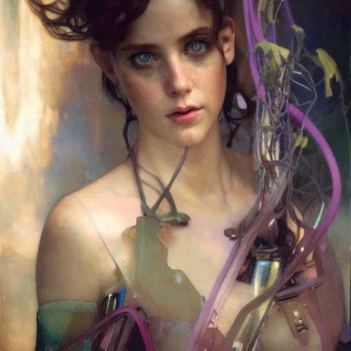 Prompt: hyperrealist portrait of a pretty young female robot with large eyes standing in front of a computer simulation by jeremy mann and alphonse mucha, fantasy art, photo realistic, dynamic lighting, artstation, poster, volumetric lighting, very detailed faces, award winning