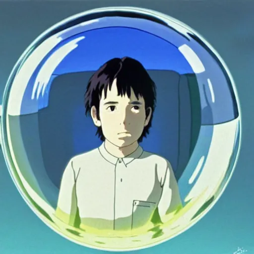 Prompt: hyperrealist, studio ghibli dull colors portrait from close encounters of the third kind 1 9 7 7 of a young scientist standing in a bubble temple.