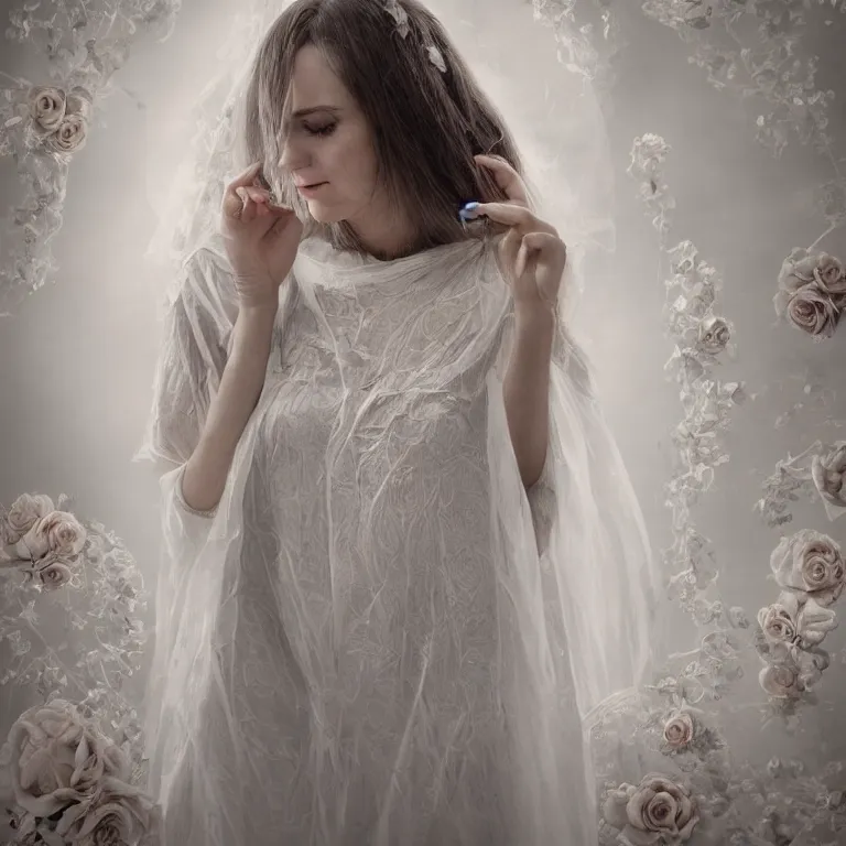 Image similar to hight focus of a wonderful realistic focused sweet wonderful symmetrical mid portrait of a lonely woman with a detailed wonderful, majestic, large semi transparent white cotton dress ornate with semi transparent cotton roses and semi transparent white veils, dramatic light, octane render, - 8 k