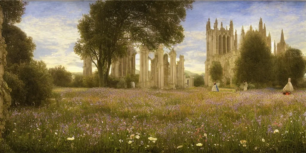 Prompt: a cathedral made of marble within a wildflower meadow at dawn, droste effect, in the style of alma tadema