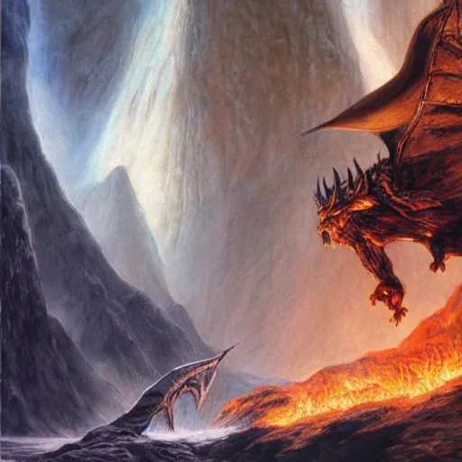Prompt: beautiful gandalf fighting the balrog, by alan lee, lord of the rings, smooth, detailed terrain, oil painting, matte painting, concept art, trending on artstation