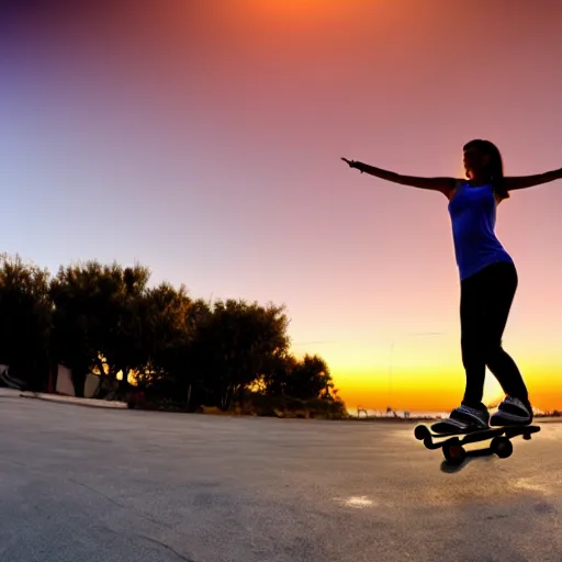 Image similar to skater girl in california at sunset, 4 k, 3 d