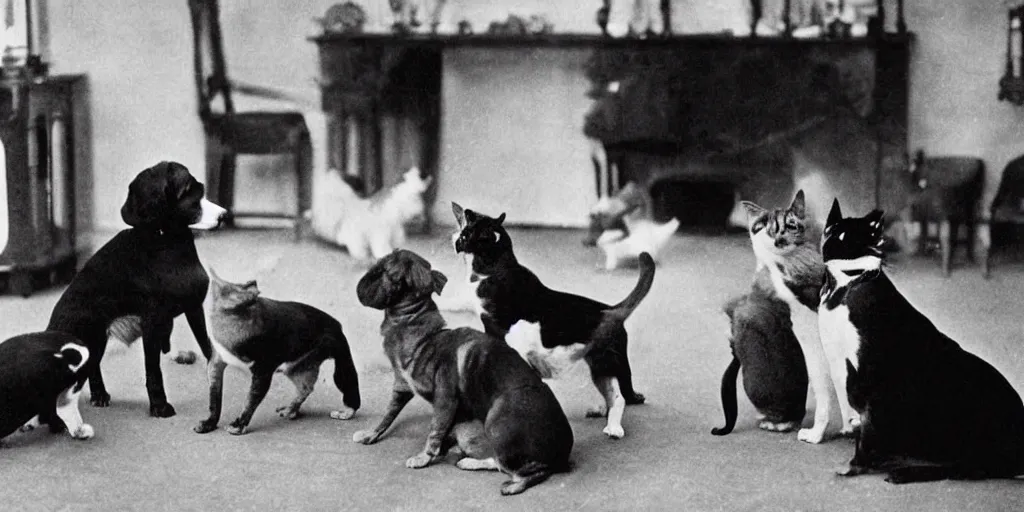 Image similar to very old black and white photo from 1898, film grain, a very serious professor cat is trying to teach the meaning of the universe to a room full of idiot dogs funny