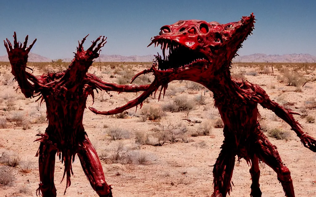 Image similar to in the desert a bloody gross horrifying The Thing creature made of muscle and bone and blood stares at the camera, eating, it walks on two legs, mid day, 35mm photography, realistic,