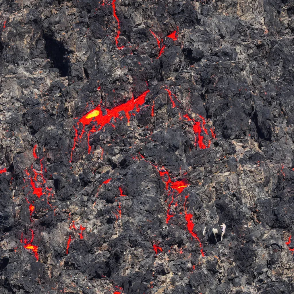 Prompt: satanic mountain goats with glowing red eyes on a sheer obsidian cliffside with lavaflow, lava waterfalls