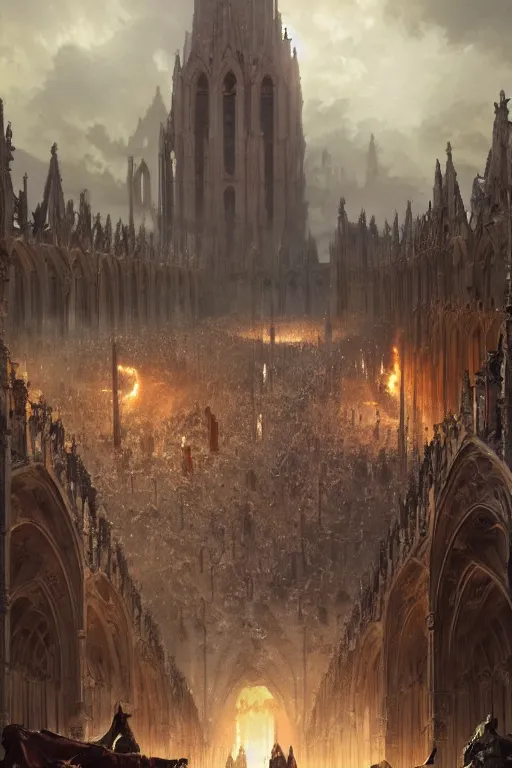 Image similar to epic battle between human warriors mages and demons, cathedrals and abbeys, by greg rutkowski