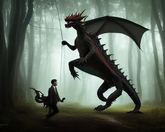 Prompt: 5 5 mm portrait photo of mr bean riding a dragon, in a magical forest. dark atmosphere. art by greg rutkowski. highly detailed 8 k. intricate. lifelike. soft light. nikon d 8 5 0.