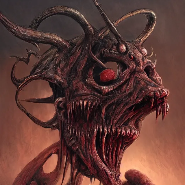 Prompt: concept art of a demonic devil with mismatched animal features a her bloody mouth open freakishly wide in the style of zdzisław beksinski in the style of h. r. giger trending on artstation deviantart pinterest furaffinity detailed realistic hd 8 k high resolution