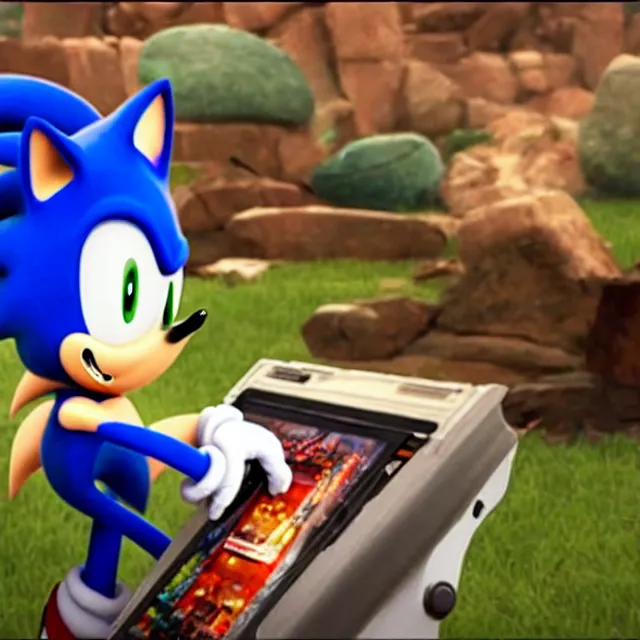 Image similar to still of sonic playing videogames in sonic the hegdehog movie