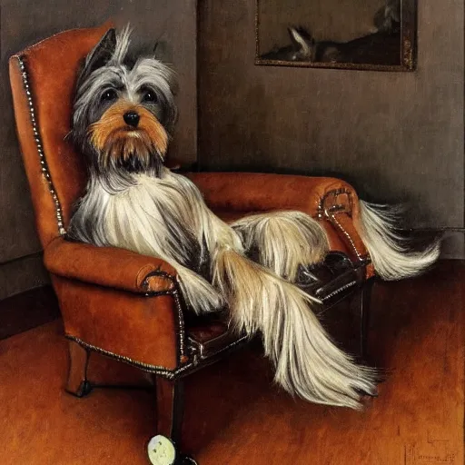 Prompt: an old happy brown and gray Yorkshire terrier dog lounging in a leather chair, long hair, extremely detailed masterpiece, oil on canvas, by Norman Rockwell,