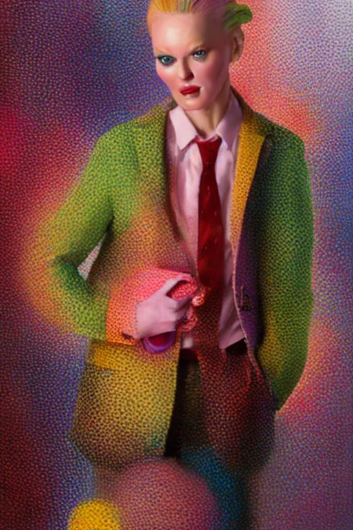 Image similar to a scene with a character wearing a super colorful muted color diy! suit, vivienne westwood!, detailed photoreal render octane render, pointillism, oil on canvas