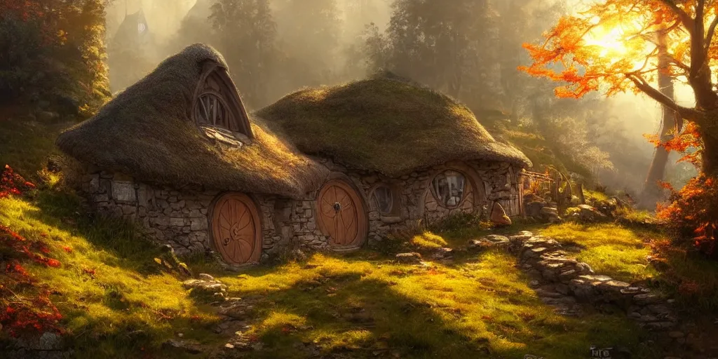 Prompt: a hobbit cottage on top of a steep hill, greg rutkowski, zabrocki, moebius, karlkka, jayison devadas, highly detailed, autumn sunlights, smoky atmosphere, ( ray of sunlight ), trending on artstation, sharp details, 8 k, ultra wide angle, zenith view, lens effect