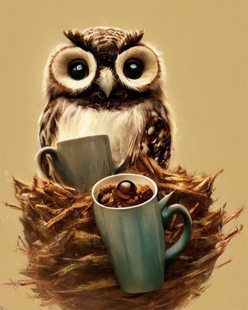 Image similar to long shot of a very cute owl chick nesting in a futuristic mug, esao andrews, humorous illustration, hyperrealistic, big depth of field, warm colors, night scenery, low light, 3 d octane render, 4 k, concept art, hyperdetailed, hyperrealistic, trending on artstation