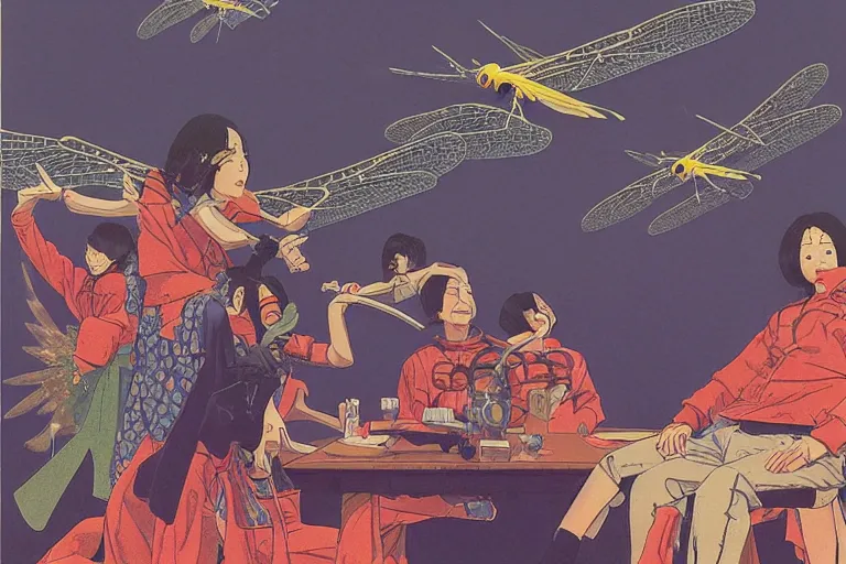 Prompt: gigantic dragonflies with human faces catch tiny planes, a lot of exotic mechas robots around, human heads are all over the ground, risograph by kawase hasui, dirtyrobot, edward hopper, satoshi kon and moebius, colorful flat surreal design, super - detailed, a lot of tiny details, fullshot