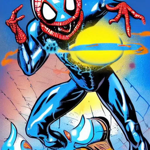 Prompt: blue spiderman with a machine gun fighting aliens