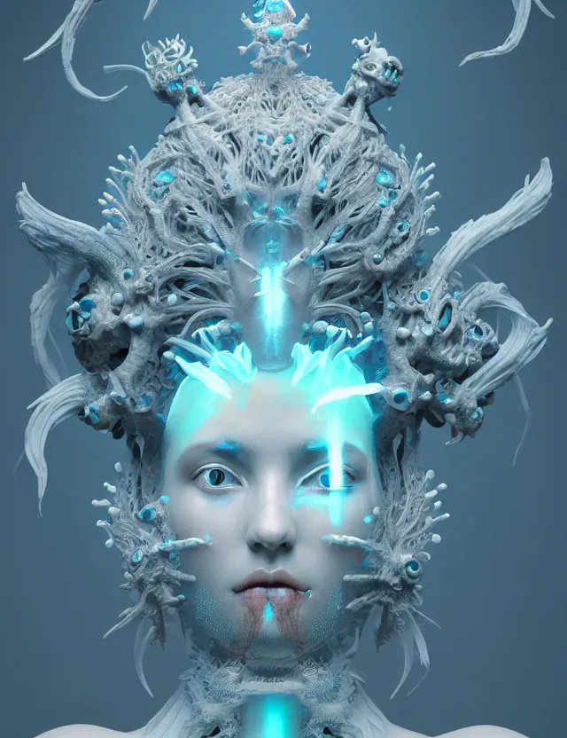 Image similar to symmetrical, centered, zbrush sculpt of goddess close-up portrait wigh crown made of skulls. phoenix betta fish, phoenix, bioluminiscent creature, super intricate ornaments artwork by Tooth Wu and wlop and beeple and greg rutkowski