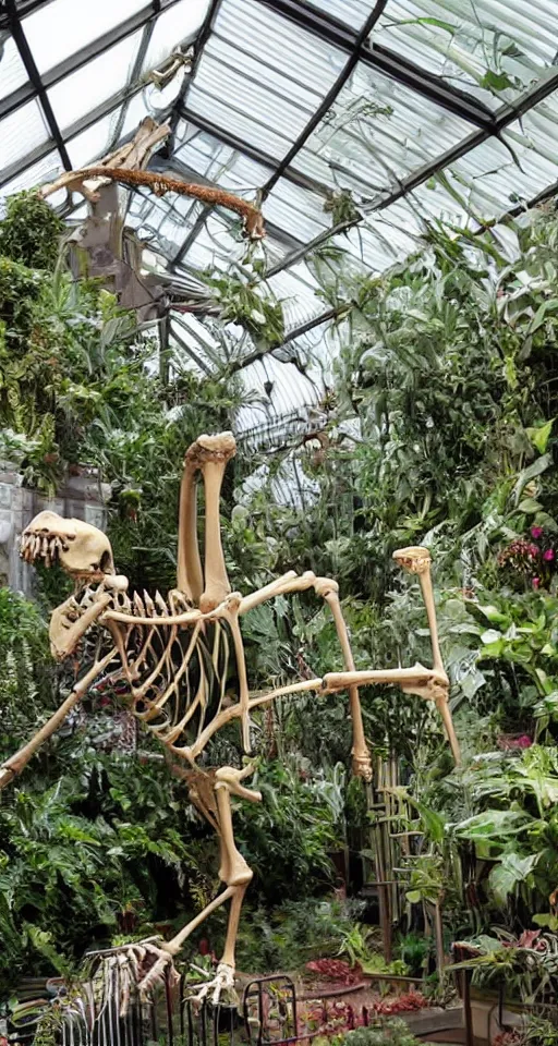 Prompt: a beautifu lush Victorian era conservatory with a t-rex skeleton on display
