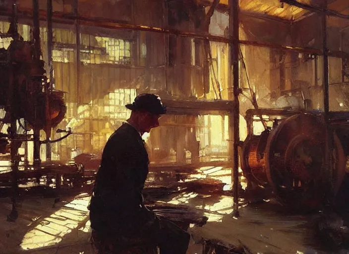 Image similar to oil painting of copper still in factory setting, art by anders zorn, wonderful masterpiece by greg rutkowski, beautiful cinematic light, american romanticism by greg manchess, reflections in copper, sunlight, dust and steam