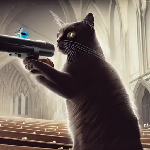 Image similar to a cat shooting church pews while shouting pew pew pew, ultra realistic, cgsociety