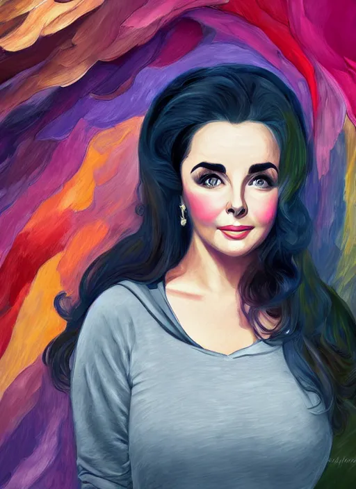 Image similar to elizabeth taylor, gray hoodie, jeans, tiara, half body shot, path traced, highly detailed, high quality, digital painting, alena aenami, leonid afremov, lilia alvarado, shinji aramaki, karol bak, alphonse mucha, tom bagshaw