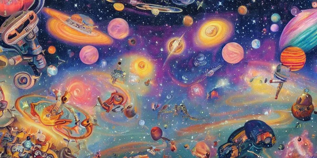 Image similar to a beautiful painting of an elaborate space scene painted by bosch and lisa frank, detailed