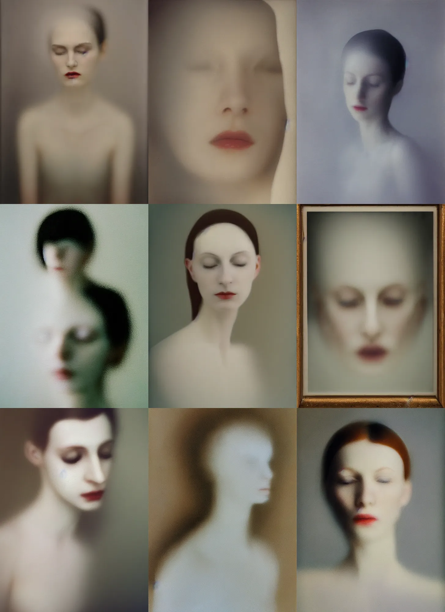 Prompt: out of focus photorealistic portrait of a beautiful pale woman by sarah moon, cathodic pixels, very blurry, translucent white skin, closed eyes, foggy, closeup