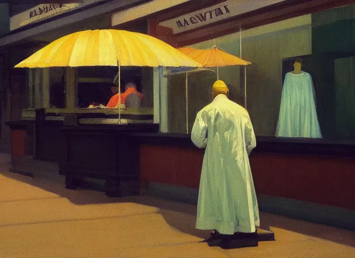 Prompt: man in a translucent dress made from plastic bag with paper bags for clothes standing inside paper bags with paper bag over the head at store in line for an ice cream cart display Edward Hopper and James Gilleard, Zdzislaw Beksinski, highly detailed