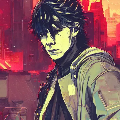 Prompt: portrait of a grungy cyberpunk anime benedict cumberbatch in battle pose!!, very cute, by super ss, cyberpunk fashion, night sky by wlop, james jean, victo ngai, muted colors, highly detailed