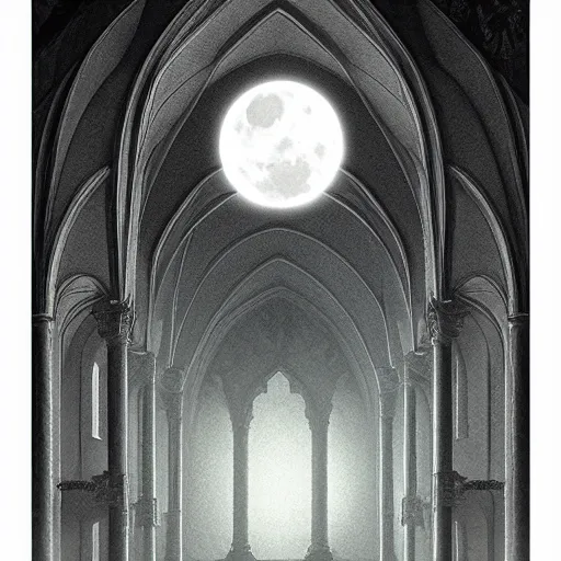 Image similar to large gothic hall with large moon on the ceiling, horror movie, soft light, artstation, detailed, colorfull