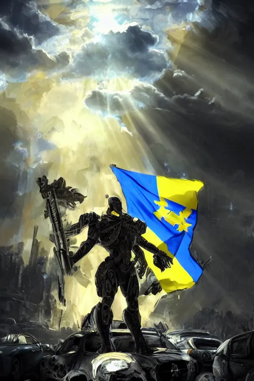 Image similar to a full body shot from distance of a super soldier with a Ukrainian blue and yellow stripes flag standing in the beam of light from the clouds on a pile of skulls and rotten cars as a winner, masculine figure, D&D, fantasy, intricate, elegant, highly detailed, digital painting, artstation, concept art, matte, sharp focus, symmetrical, illustration, hyperrealistic, art by Artgerm and Greg Rutkowski and Alphonse Mucha