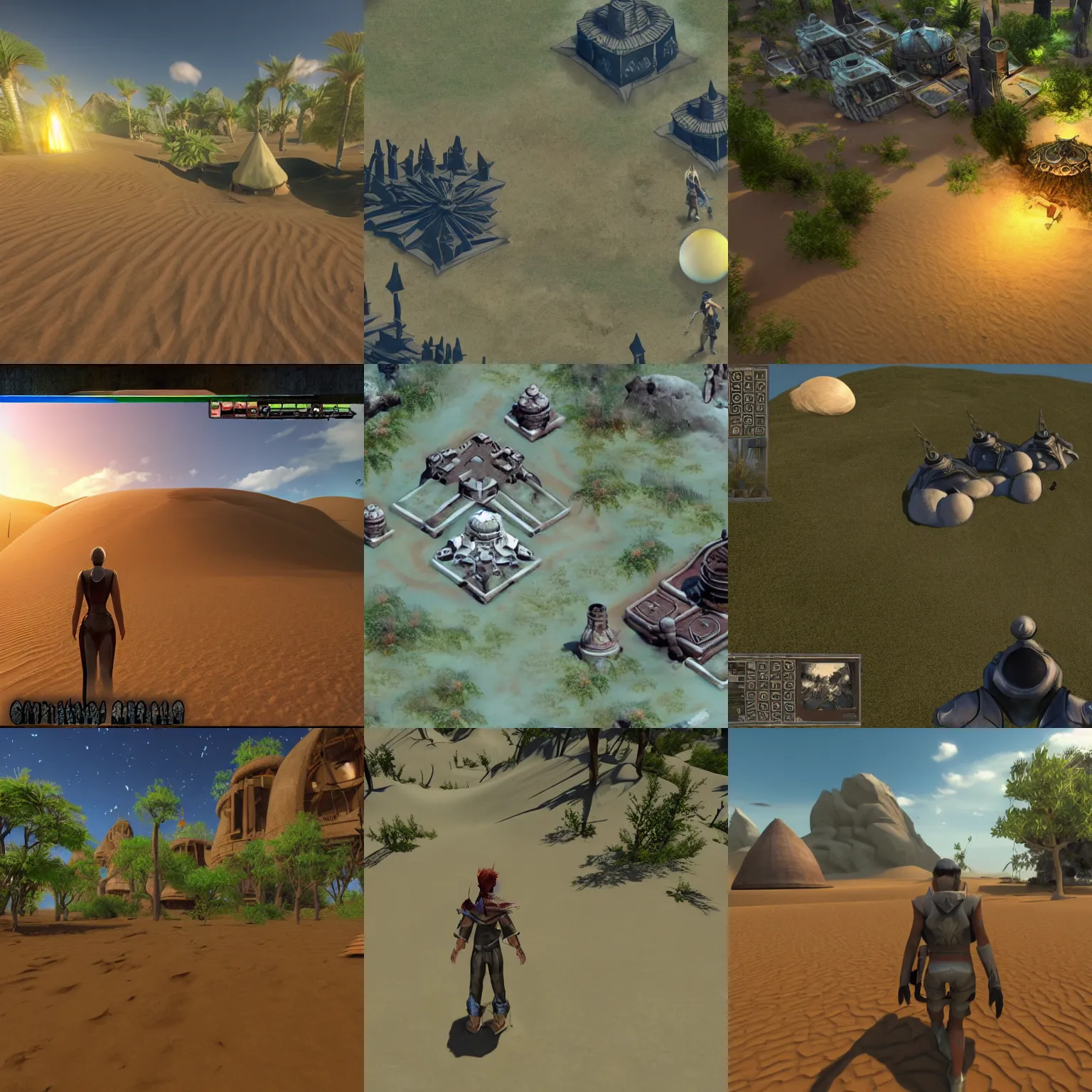 Prompt: gameplay walkthrough 3 rd person adventure game, spiritual alien village with big sacred sci fi tent, lush oasis, vast flat empty sand desert with dunes, screenshot, final fantasy, square enix, jrpg, unreal engine, next gen graphics, rtx, cutscene, path tracing, high fidelity, particle effects, nvidia graphics