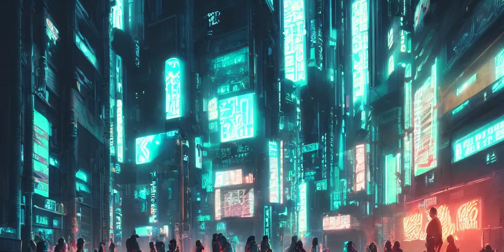 Image similar to a group of people standing outside of a building, cyberpunk art by liam wong, cgsociety, retrofuturism, glowing neon, neon, matte painting