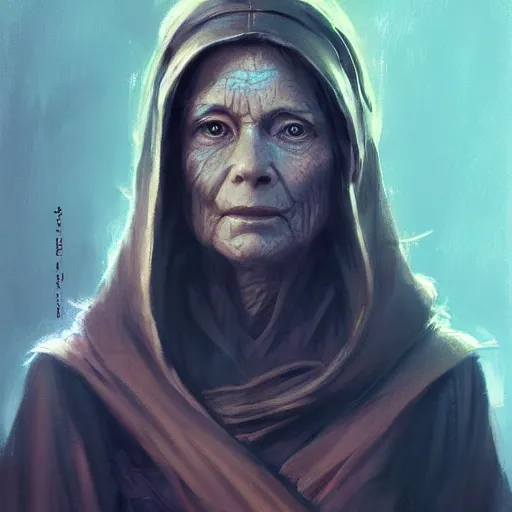 Image similar to portrait of a woman by greg rutkowski, grand jedi master jade skywalker, copper wavy hair, star wars expanded universe, she is about 7 0 years old, wearing jedi robes, wise and serene, highly detailed portrait, digital painting, artstation, concept art, smooth, sharp foccus ilustration, artstation hq