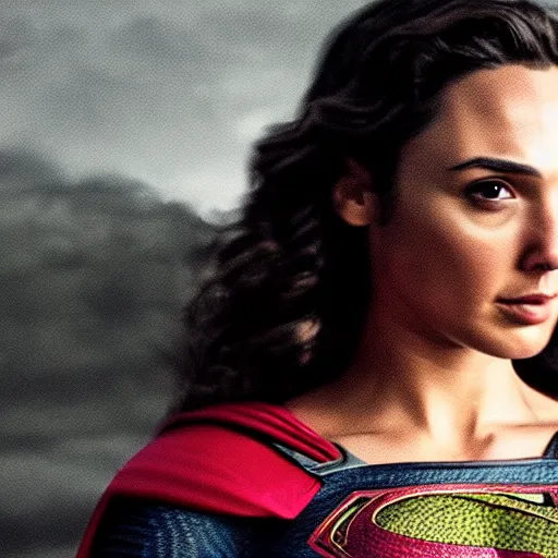 Image similar to an potrait of gal gadot play Man of Steel replacing Henry Cavill, she looking to camera, photorealistic, 4k