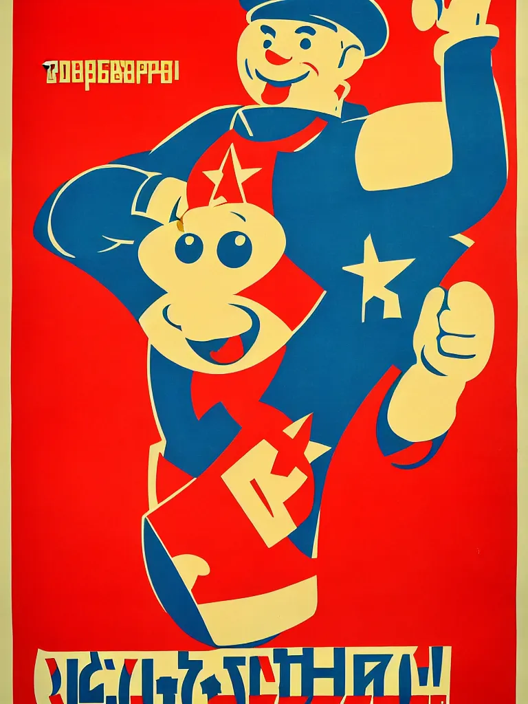 Prompt: Soviet Propaganda poster cereal box mascot colorful red socialist realism