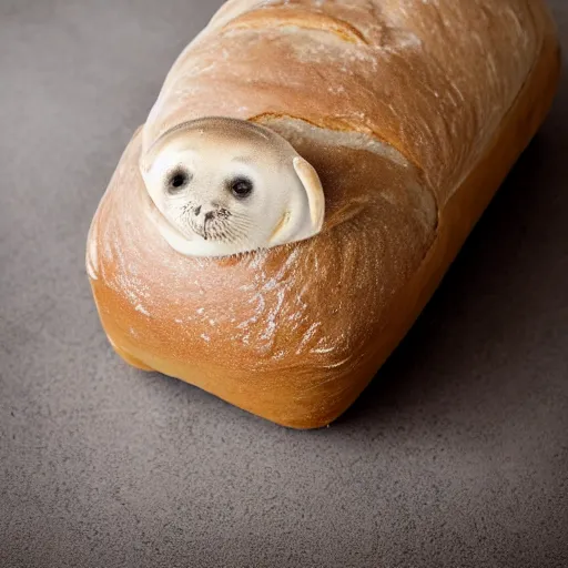 Image similar to baby seal disguised as a loaf of bread, hiding in a bakery, photo, detailed, 4k