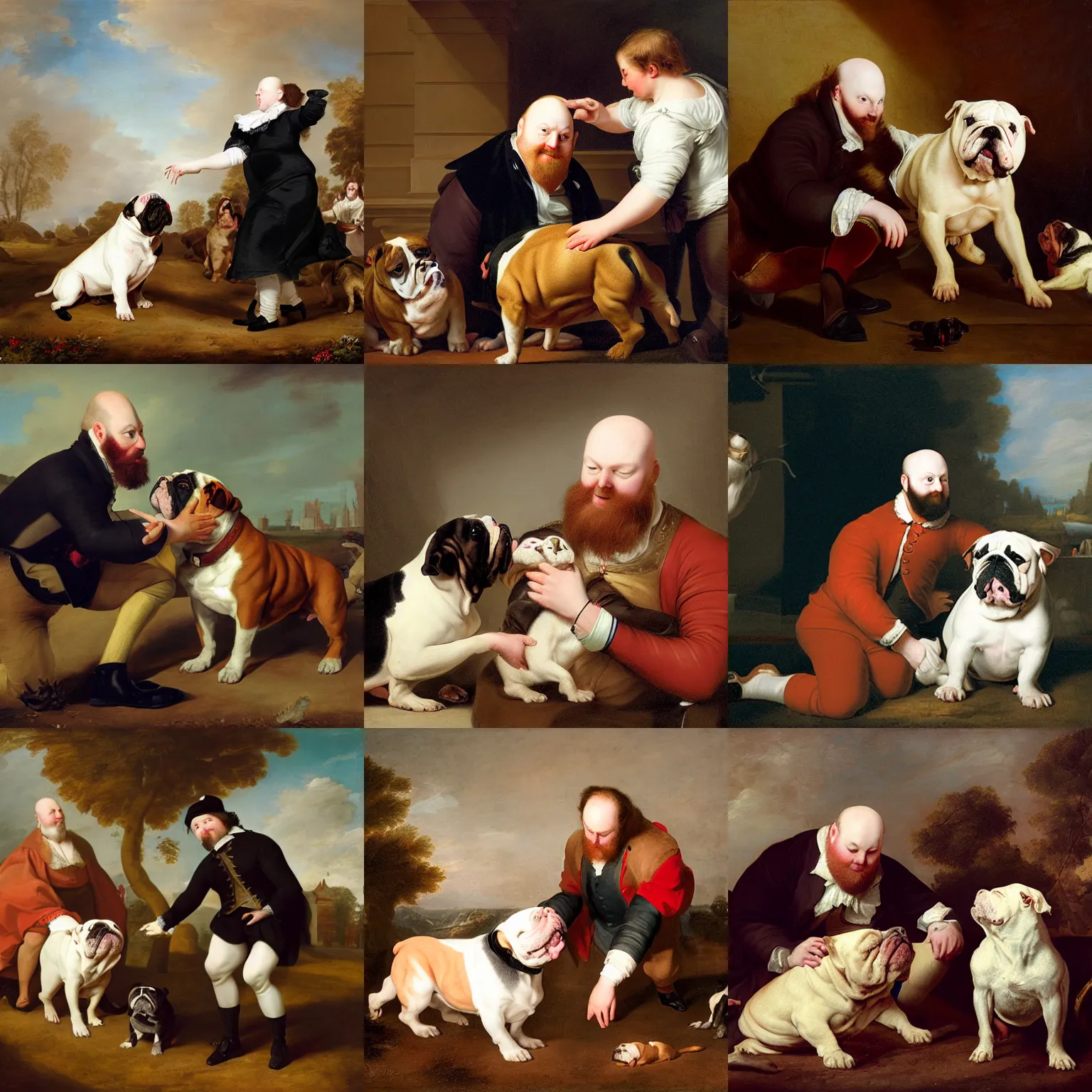 Prompt: playful portrait of angriestpat petting a very brown fat english bulldog by joseph ducreux