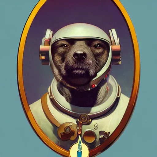 Image similar to realistic heroic portrait of Laika the russian space dog, first dog in orbit 1957, wearing her space helmet, in a circle frame, art by Artgerm and Greg Rutkowski and Alphonse Mucha