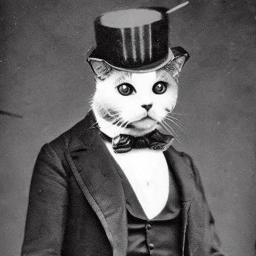 Prompt: a cat with a top hat and a monocle!!!!, 1 8 8 0 vintage photo, ultra detailed