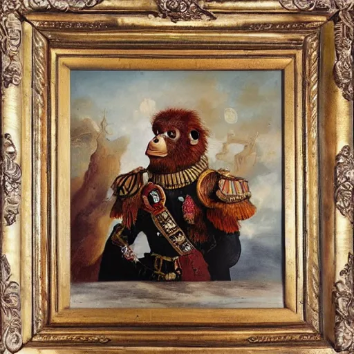 Image similar to An exquisite oil painting of a orangutan dressed like a bearded Napoleon with full military regalia