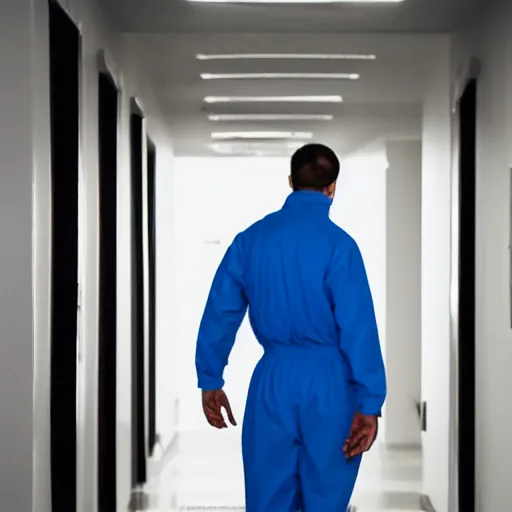 Image similar to man with deformed face in jumpsuit, standing in a dimly lit hallway with a wrench