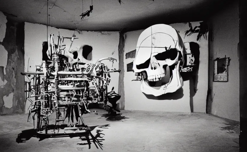 Image similar to photograph of a skull machine built by basquiat perfect composition masterpiece dramatic lighting