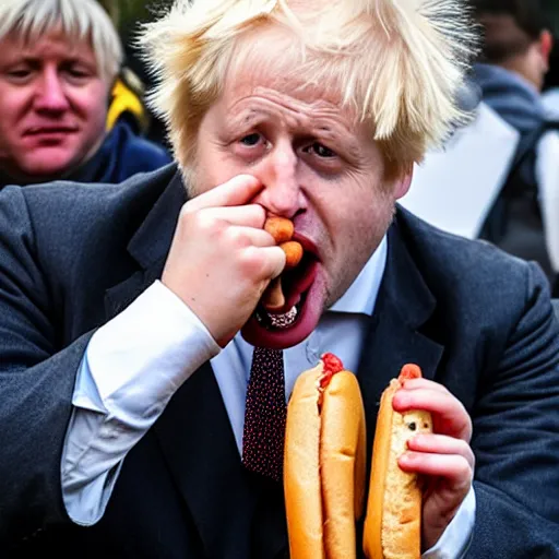 Image similar to boris johnson eating a hotdog mouth wide open